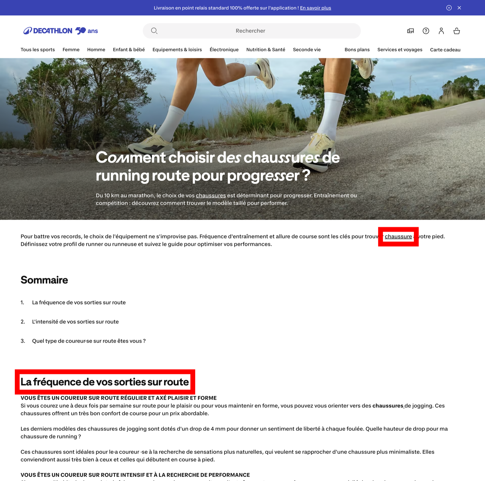 Article conseil Decathlon sur le choix des chaussures de running route, titre H2 et lien interne encadrés