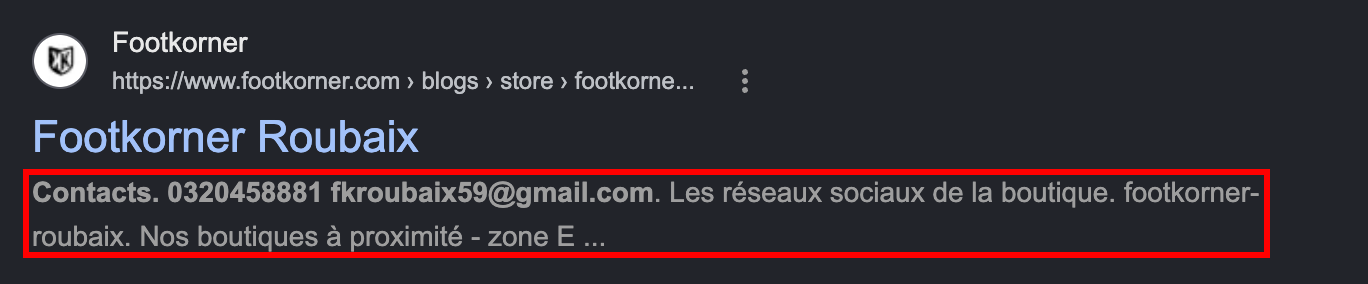 Résultat Google réel de Footkorner Roubaix : la description affiche les coordonnées, encadrée