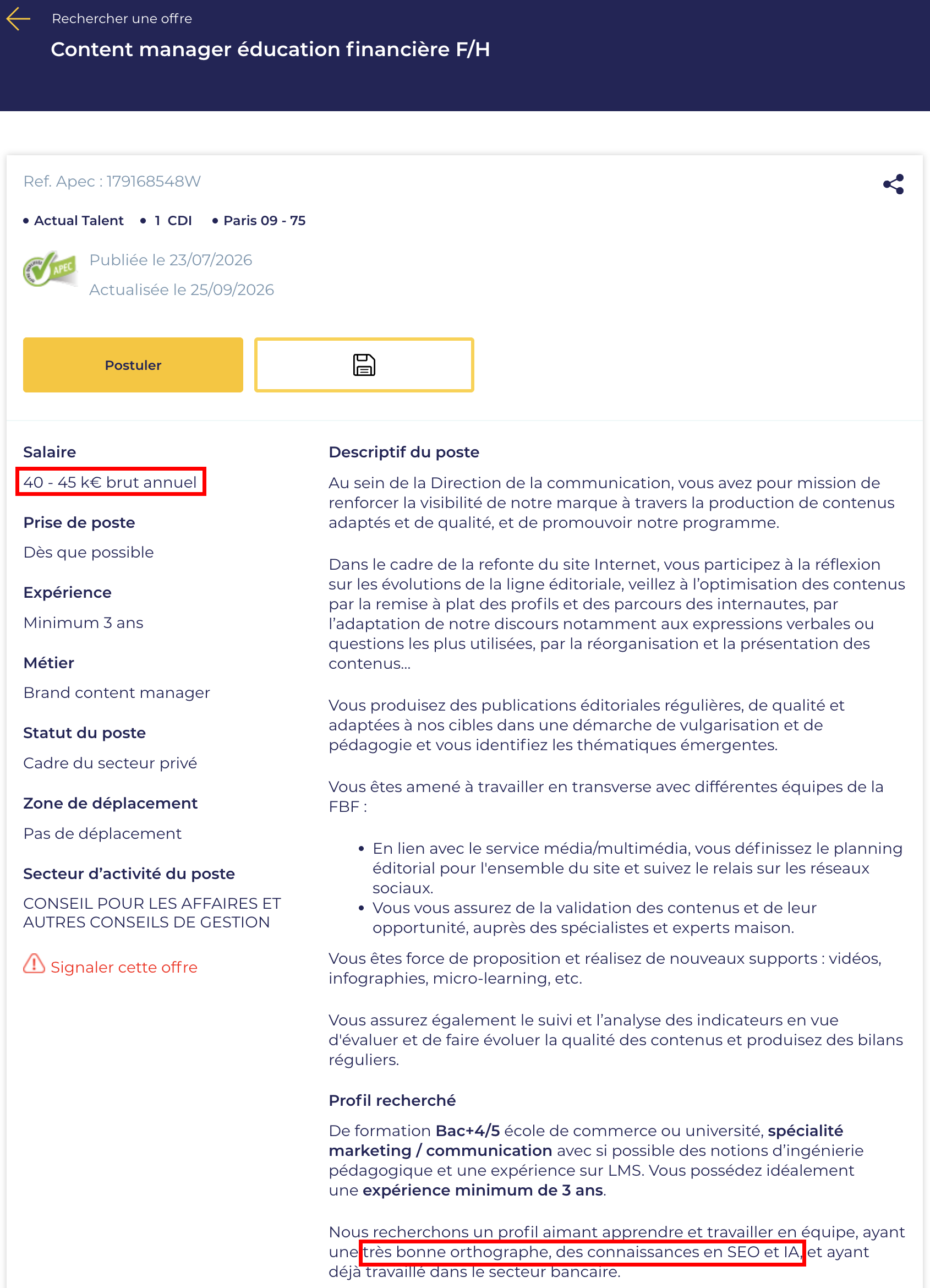APEC : Content manager, salaire et exigence d'orthographe, de SEO et d'IA encadrés