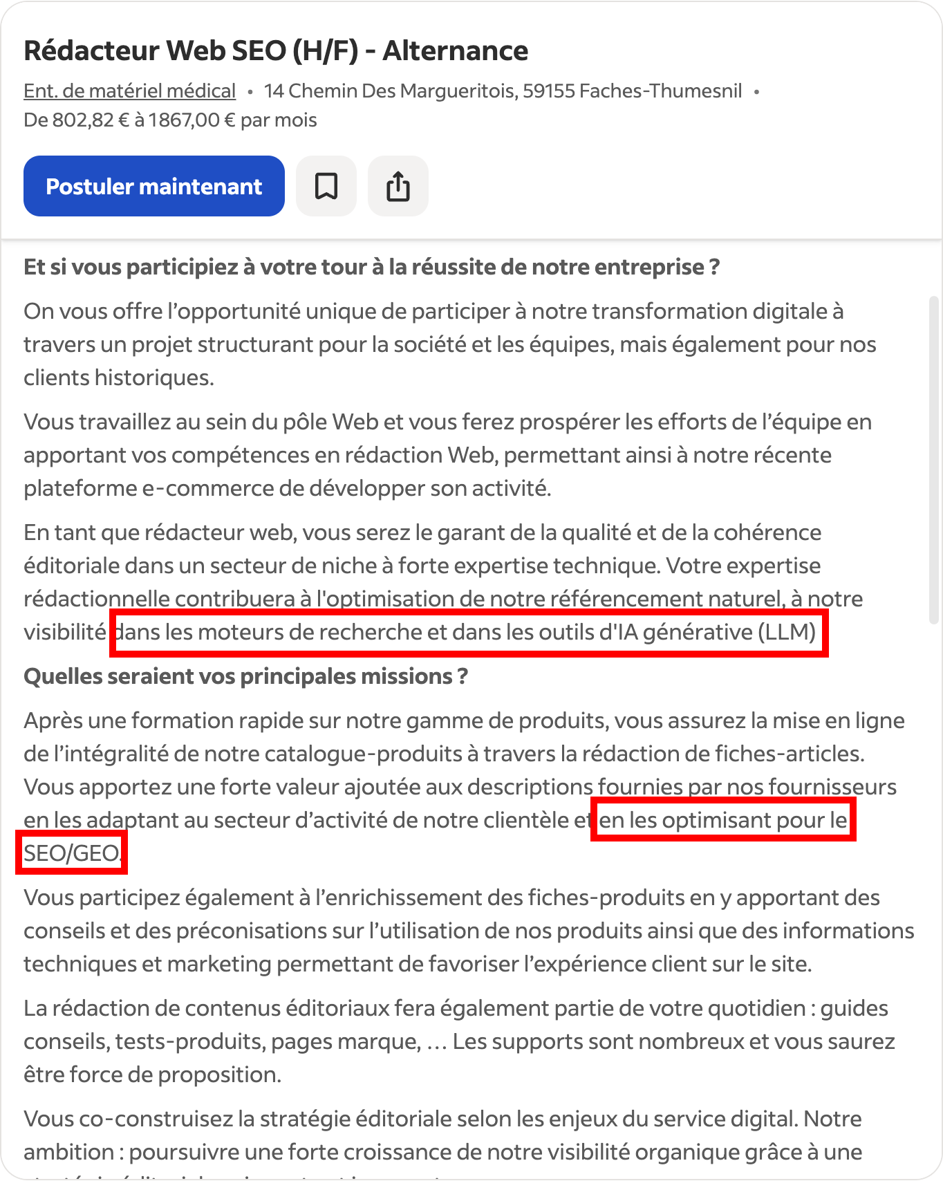 Indeed : Rédacteur Web SEO en alternance à Faches-Thumesnil, optimisation SEO/GEO et LLM encadrées