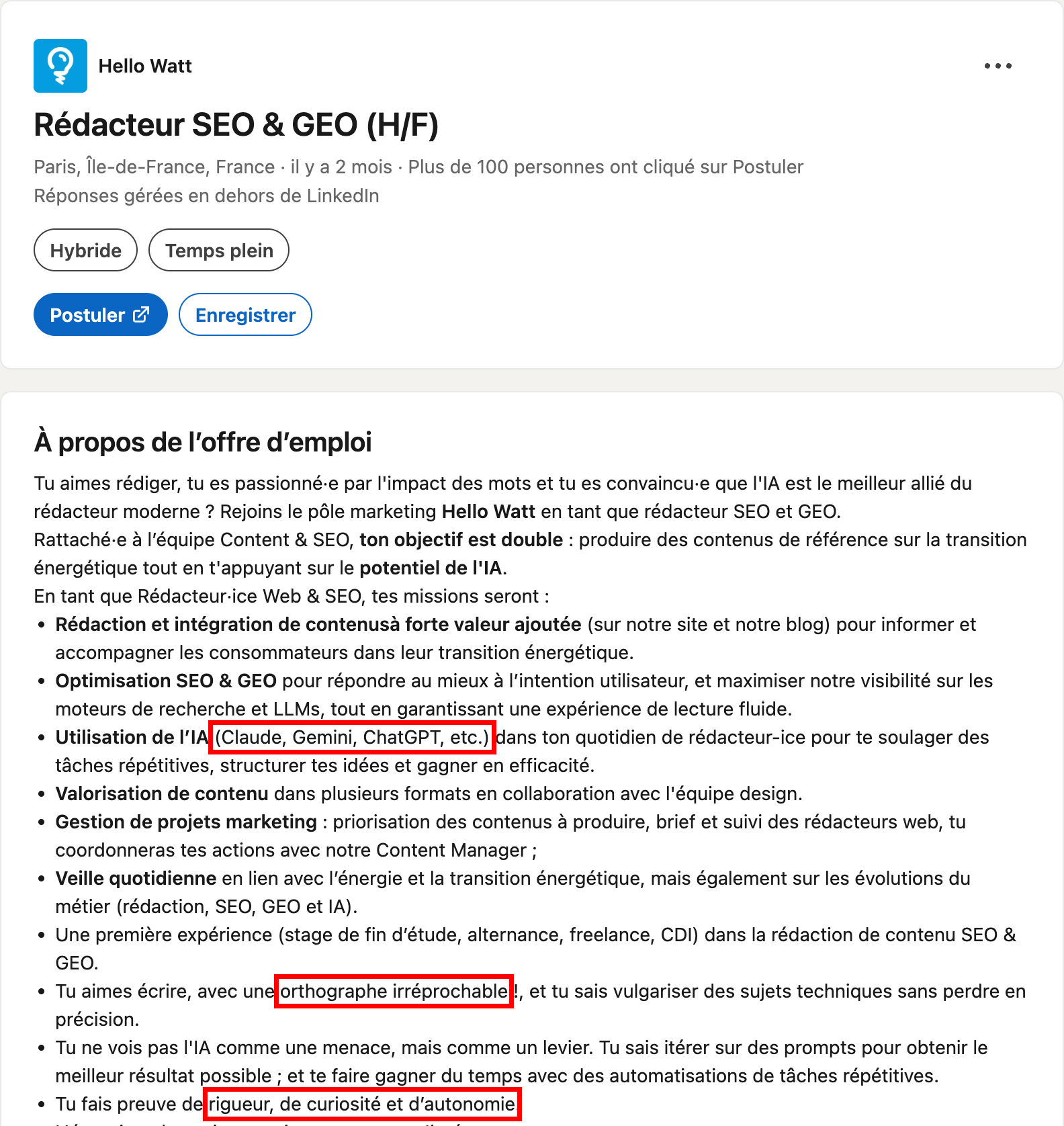 LinkedIn : Rédacteur SEO et GEO chez Hello Watt, IA, orthographe et savoir-être encadrés