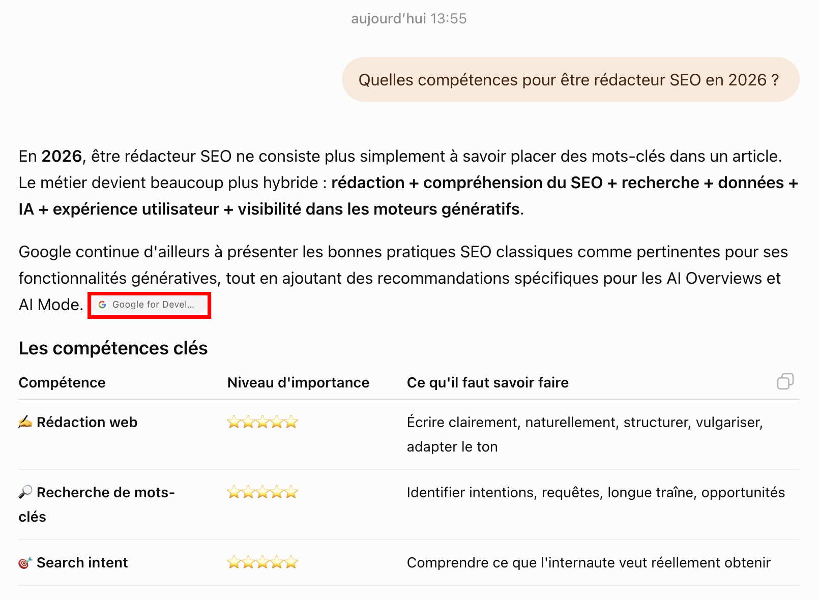 Réponse de ChatGPT à la question Quelles compétences pour être rédacteur SEO en 2026, source Google for Developers encadrée