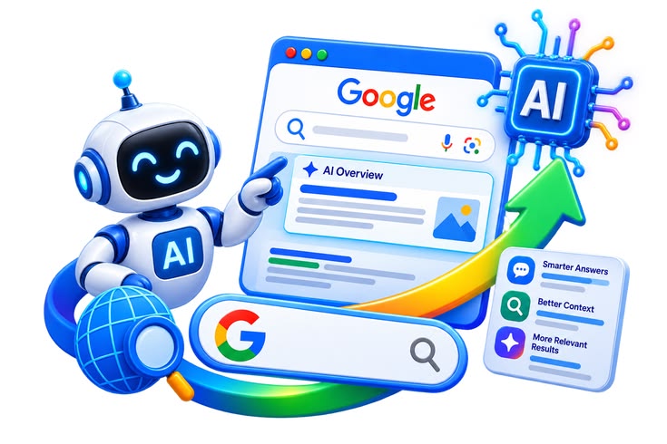 Illustration : un robot IA montre l Aperçu IA de Google