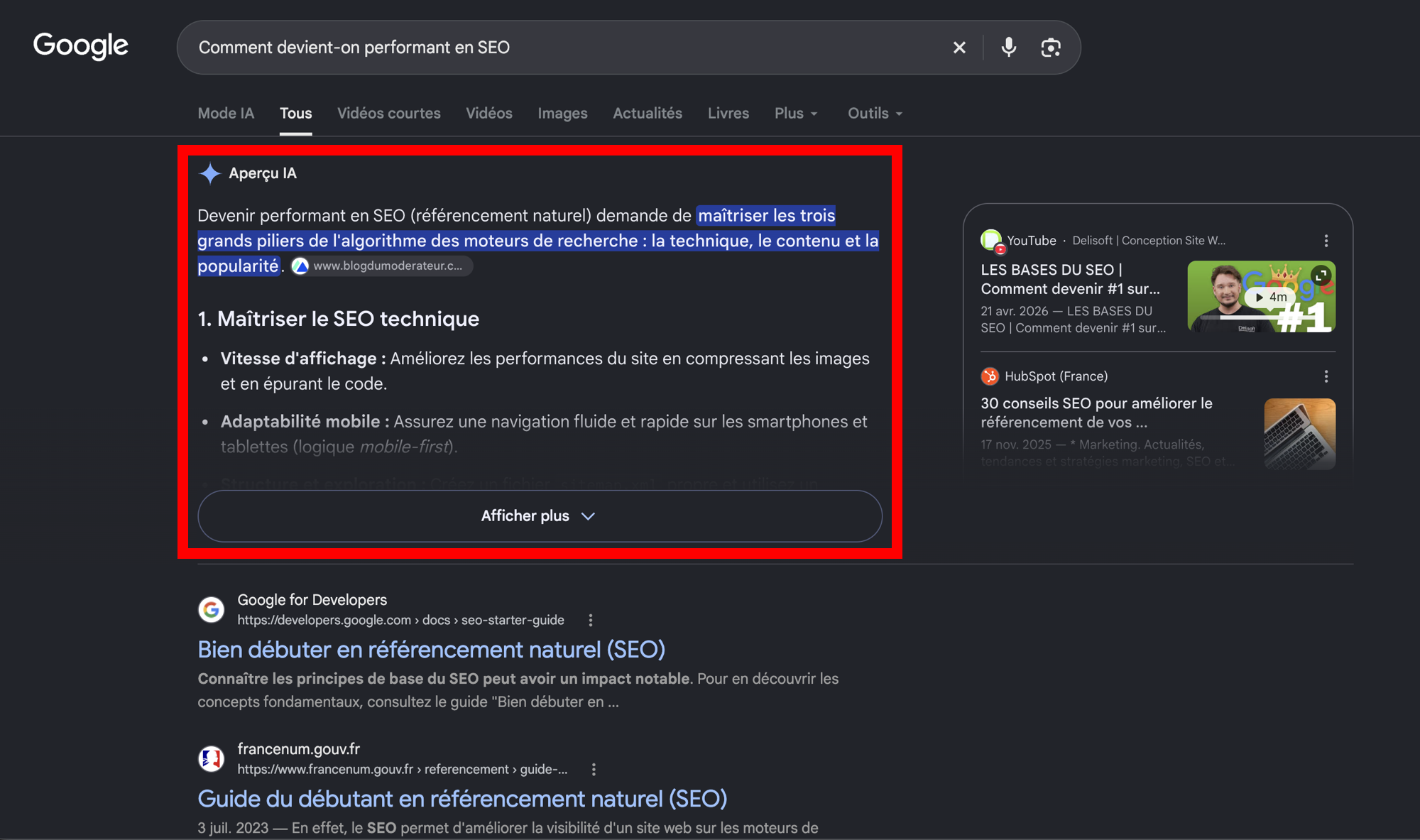 Page de résultats Google avec un Aperçu IA au-dessus des liens, encadré en rouge